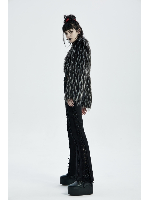 Gothic Two-Color Artificial Fur Plush Metal Zipper Loose Short Coat