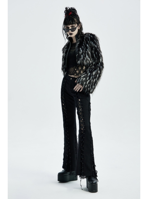 Gothic Two-Color Artificial Fur Plush Metal Zipper Loose Short Coat