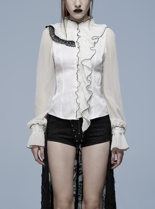 Gothic Non-Stretch Chiffon Fabric Asymmetric Lotus Leaf Lace Design Jacquard Tie Rope Shirt
