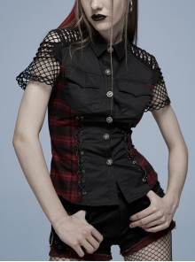 Personalized Punk Woven Fabric Spliced Mesh Shoulder Hollow Design Red Tie Rope Plaid Shirt