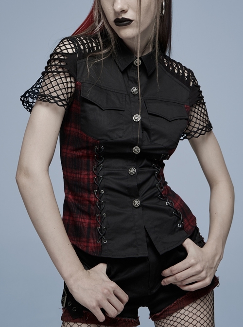 Personalized Punk Woven Fabric Spliced Mesh Shoulder Hollow Design Red Tie Rope Plaid Shirt