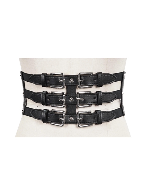 Punk Black Pu Material Three Rows Metal Snap-Button Waist Buckles