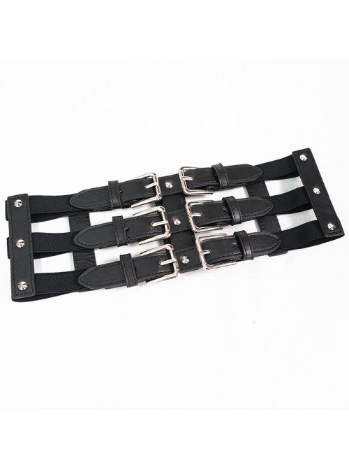 Punk Black Pu Material Three Rows Metal Snap-Button Waist Buckles