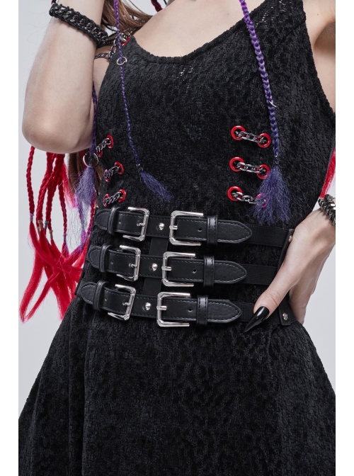 Punk Black Pu Material Three Rows Metal Snap-Button Waist Buckles