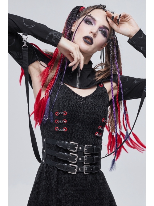 Punk Black Pu Material Three Rows Metal Snap-Button Waist Buckles
