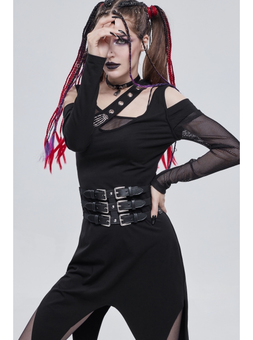 Punk Black Pu Material Three Rows Metal Snap-Button Waist Buckles