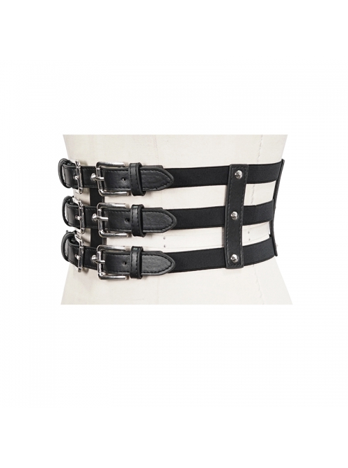 Punk Black Pu Material Three Rows Metal Snap-Button Waist Buckles
