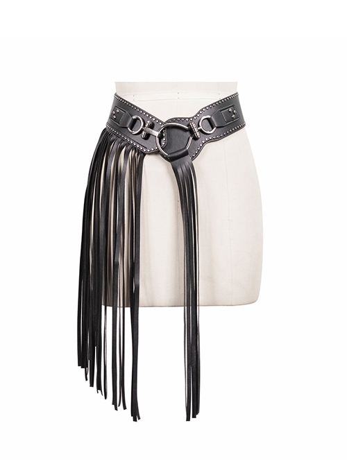 Punk PU Leather Metal Buckle Decoration Tasseled Black Belts