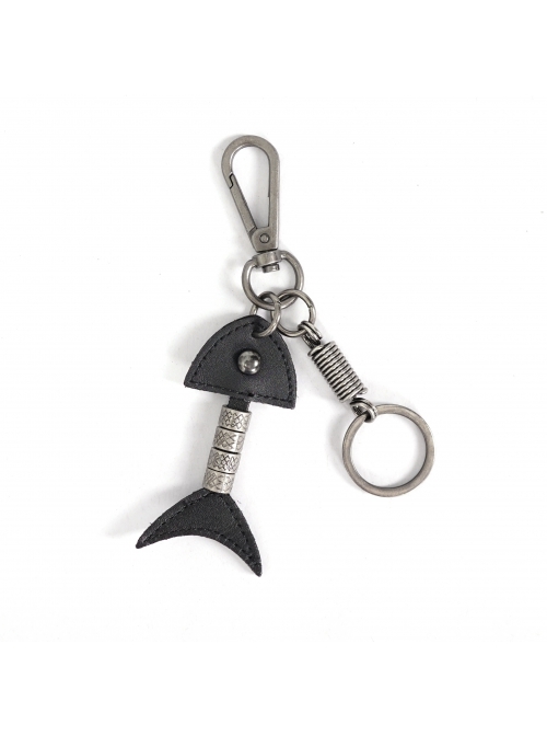 Punk Unisex Black Leather Stitching Carved Pattern Metal Fishbone Shape Design Keychain