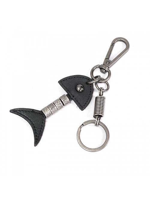 Punk Unisex Black Leather Stitching Carved Pattern Metal Fishbone Shape Design Keychain