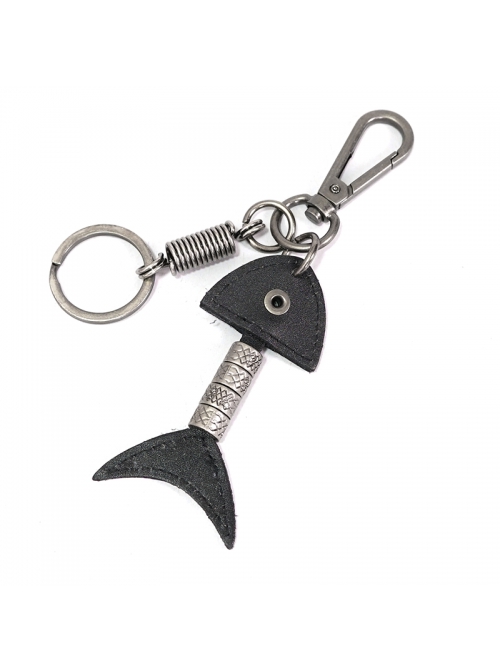 Punk Unisex Black Leather Stitching Carved Pattern Metal Fishbone Shape Design Keychain