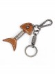 Punk Unisex Brown Leather Stitching Carved Pattern Metal Fishbone Shape Design Keychain