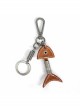 Punk Unisex Brown Leather Stitching Carved Pattern Metal Fishbone Shape Design Keychain