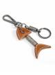 Punk Unisex Brown Leather Stitching Carved Pattern Metal Fishbone Shape Design Keychain