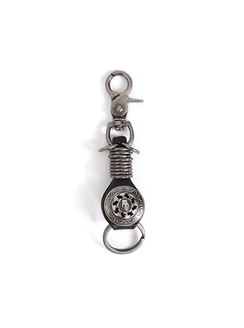 Punk Unisex Black Leather Stitching Carved Pattern Round Shape Metal  Keychain
