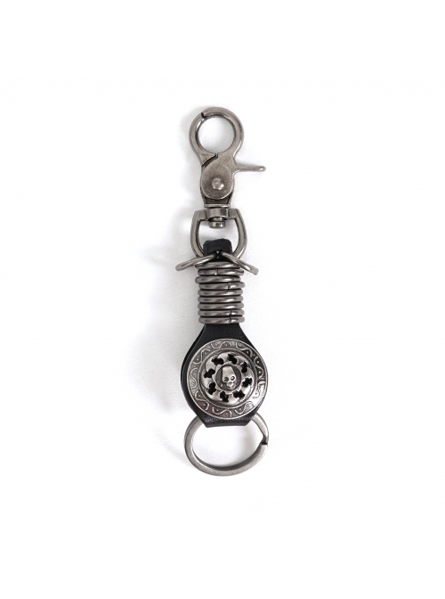 Punk Unisex Black Leather Stitching Carved Pattern Round Shape Metal  Keychain