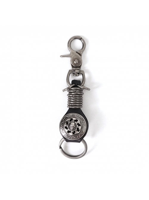 Punk Unisex Black Leather Stitching Carved Pattern Round Shape Metal  Keychain