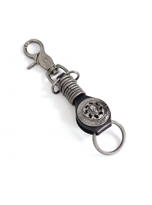 Punk Unisex Black Leather Stitching Carved Pattern Round Shape Metal  Keychain