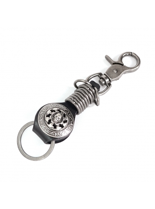 Punk Unisex Black Leather Stitching Carved Pattern Round Shape Metal  Keychain