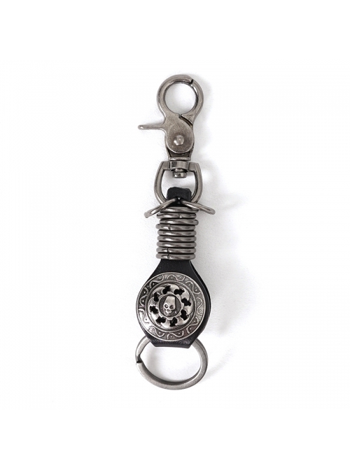 Punk Unisex Black Leather Stitching Carved Pattern Round Shape Metal  Keychain