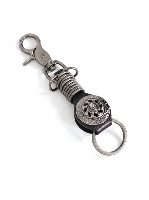 Punk Unisex Black Leather Stitching Carved Pattern Round Shape Metal  Keychain