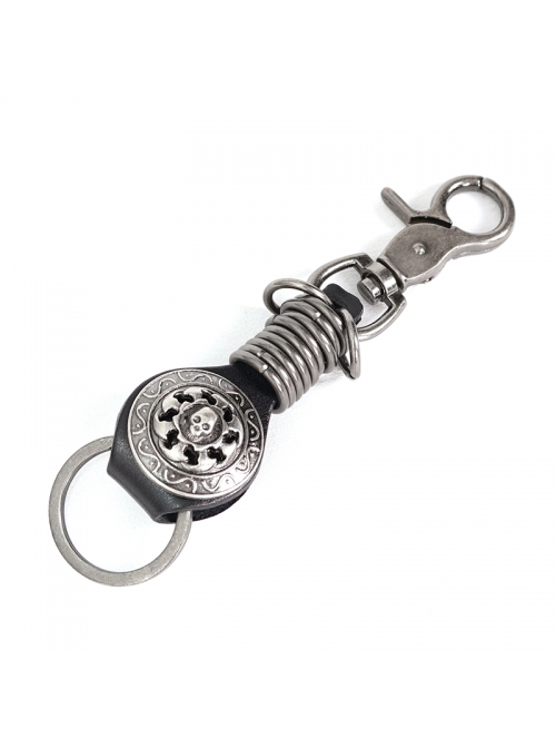 Punk Unisex Black Leather Stitching Carved Pattern Round Shape Metal  Keychain