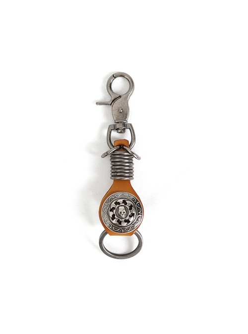 Punk Unisex Brown Leather Stitching Carved Pattern Round Shape Metal  Keychain