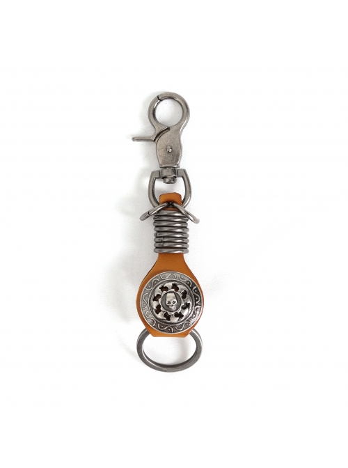 Punk Unisex Brown Leather Stitching Carved Pattern Round Shape Metal  Keychain