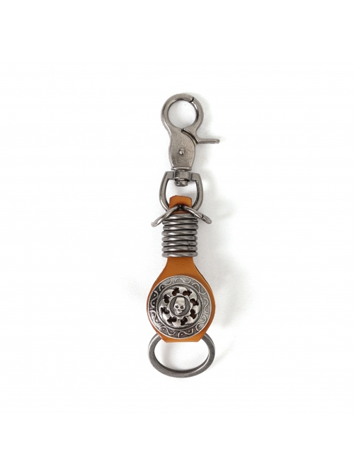 Punk Unisex Brown Leather Stitching Carved Pattern Round Shape Metal  Keychain