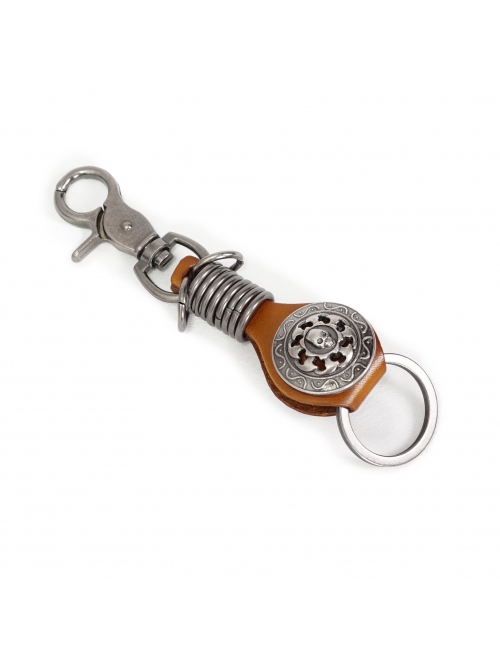 Punk Unisex Brown Leather Stitching Carved Pattern Round Shape Metal  Keychain