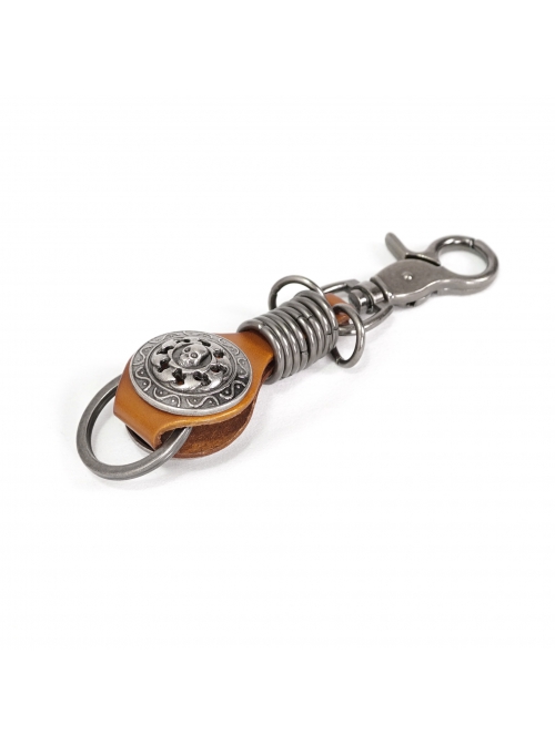 Punk Unisex Brown Leather Stitching Carved Pattern Round Shape Metal  Keychain
