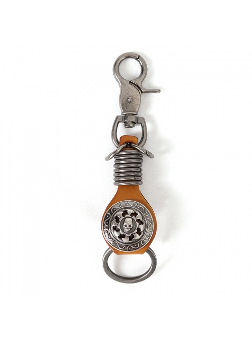Punk Unisex Brown Leather Stitching Carved Pattern Round Shape Metal  Keychain