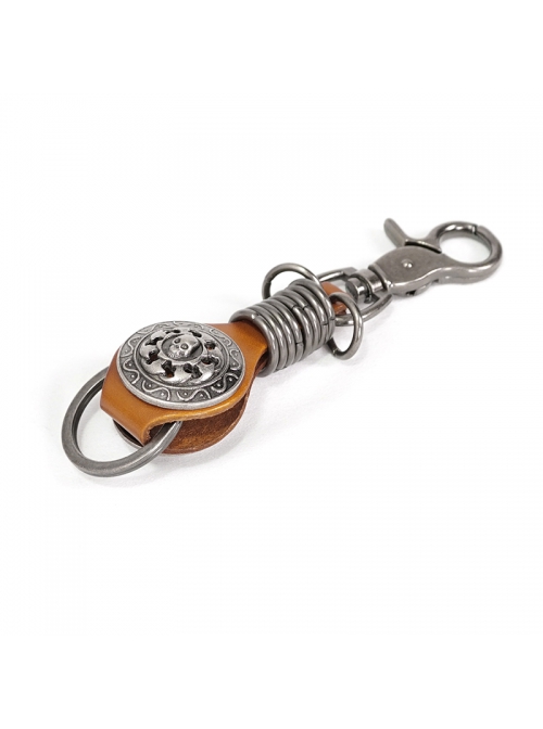 Punk Unisex Brown Leather Stitching Carved Pattern Round Shape Metal  Keychain