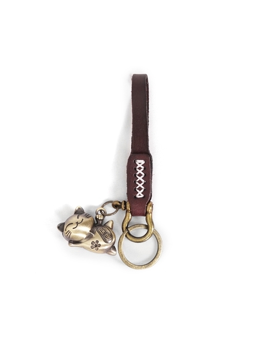 Punk Unisex Brown Leather Stitching Metal Cat Shape Carved Pattern Keychain