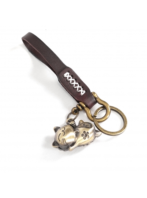 Punk Unisex Brown Leather Stitching Metal Cat Shape Carved Pattern Keychain