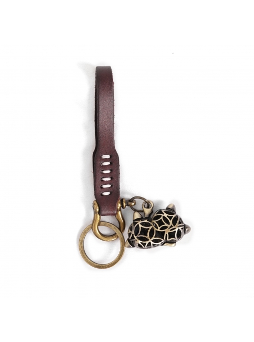 Punk Unisex Brown Leather Stitching Metal Cat Shape Carved Pattern Keychain
