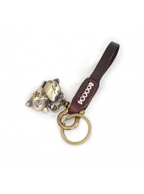 Punk Unisex Brown Leather Stitching Metal Cat Shape Carved Pattern Keychain