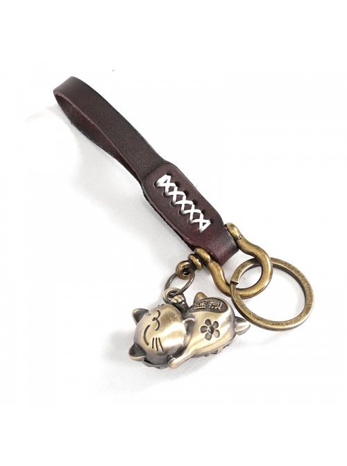 Punk Unisex Brown Leather Stitching Metal Cat Shape Carved Pattern Keychain