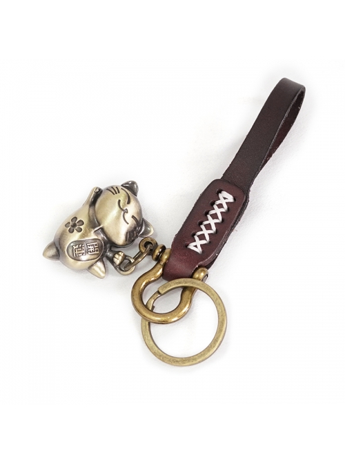 Punk Unisex Brown Leather Stitching Metal Cat Shape Carved Pattern Keychain