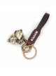 Punk Unisex Brown Leather Stitching Metal Cat Shape Carved Pattern Keychain