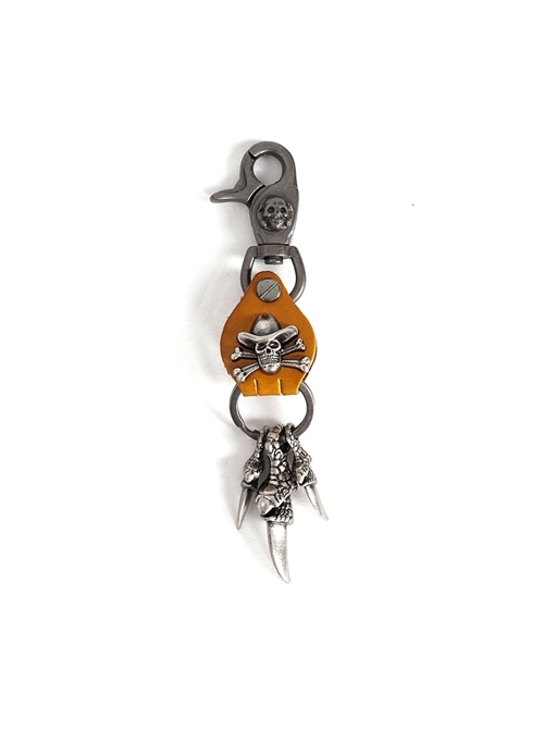 Punk Unisex Brown Leather Stitching Metal Pirate Skull Design Devil Claw Decoration Keychain