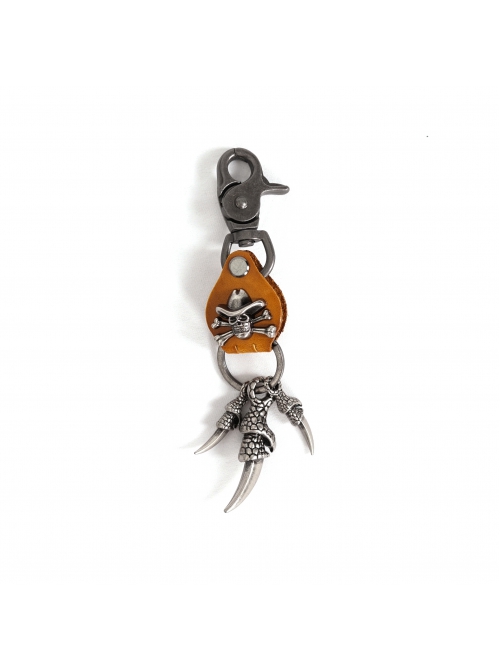 Punk Unisex Brown Leather Stitching Metal Pirate Skull Design Devil Claw Decoration Keychain