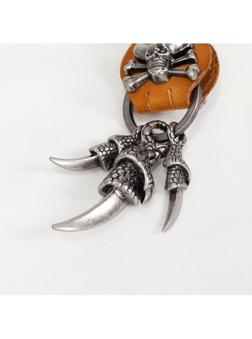 Punk Unisex Brown Leather Stitching Metal Pirate Skull Design Devil Claw Decoration Keychain