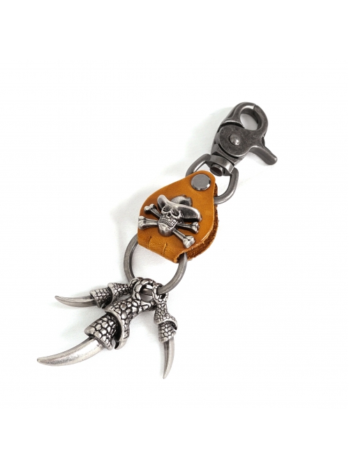 Punk Unisex Brown Leather Stitching Metal Pirate Skull Design Devil Claw Decoration Keychain