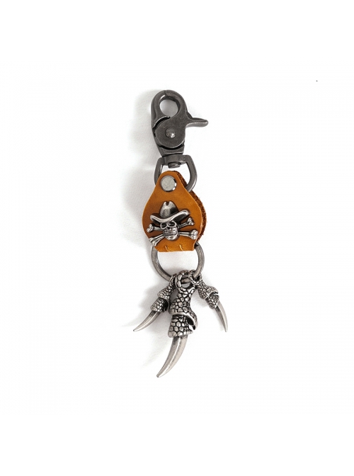 Punk Unisex Brown Leather Stitching Metal Pirate Skull Design Devil Claw Decoration Keychain
