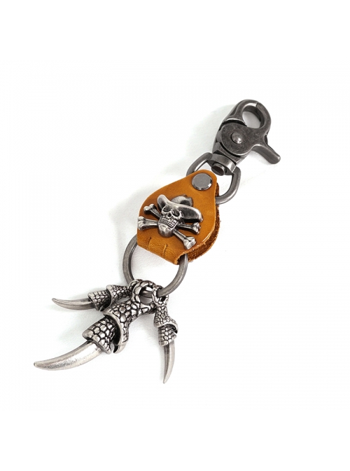 Punk Unisex Brown Leather Stitching Metal Pirate Skull Design Devil Claw Decoration Keychain