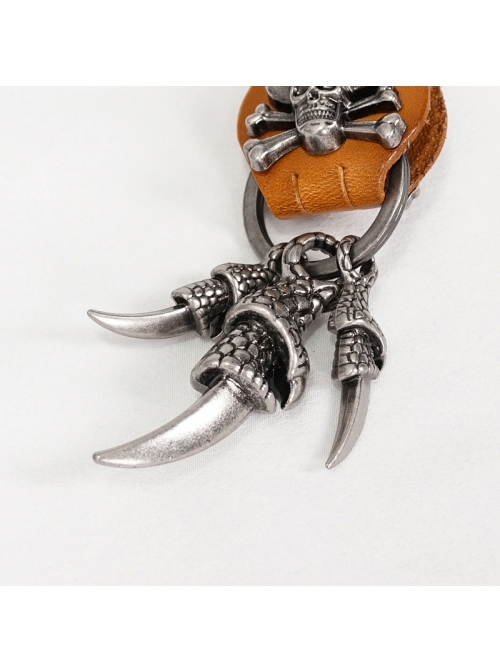 Punk Unisex Brown Leather Stitching Metal Pirate Skull Design Devil Claw Decoration Keychain