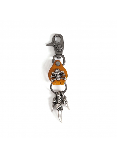 Punk Unisex Brown Leather Stitching Metal Pirate Skull Design Devil Claw Decoration Keychain