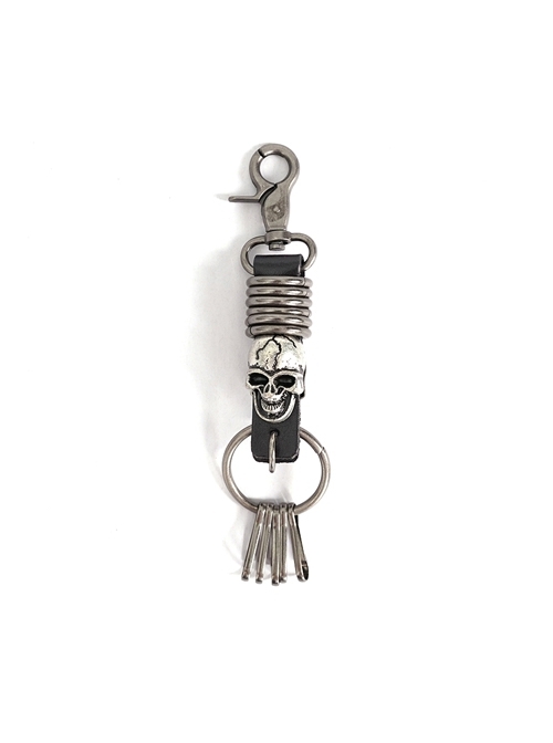 Punk Unisex Black Leather Stitching Metal Cracked Skull Decoration Multiple Chain Buckles Design Keychain