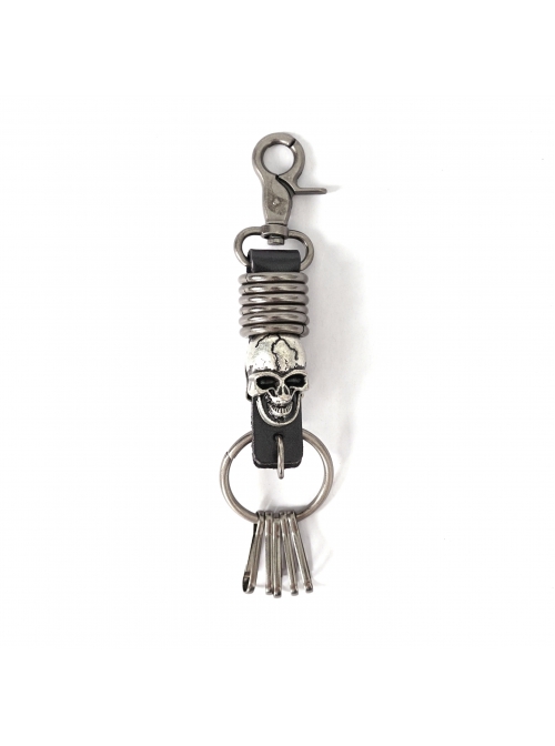 Punk Unisex Black Leather Stitching Metal Cracked Skull Decoration Multiple Chain Buckles Design Keychain